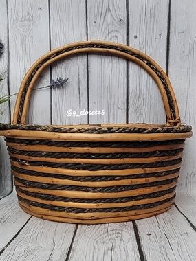 Vintage Handwoven Split Bamboo and Rattan Gathering Basket